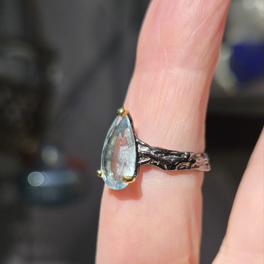 Aquamarine Pearcut Natural 6k Gemstone Syerling Rhodium & Gold Ring Sz7.5 - Picture 4 of 7